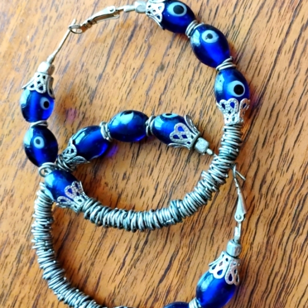 India Bohemian Sir Alistair Ra Evil Eye Blue Silver Boho Large Round Earrings